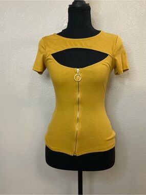 Guess Mustard Short Sleeve Ribbed Zip Cutout Top